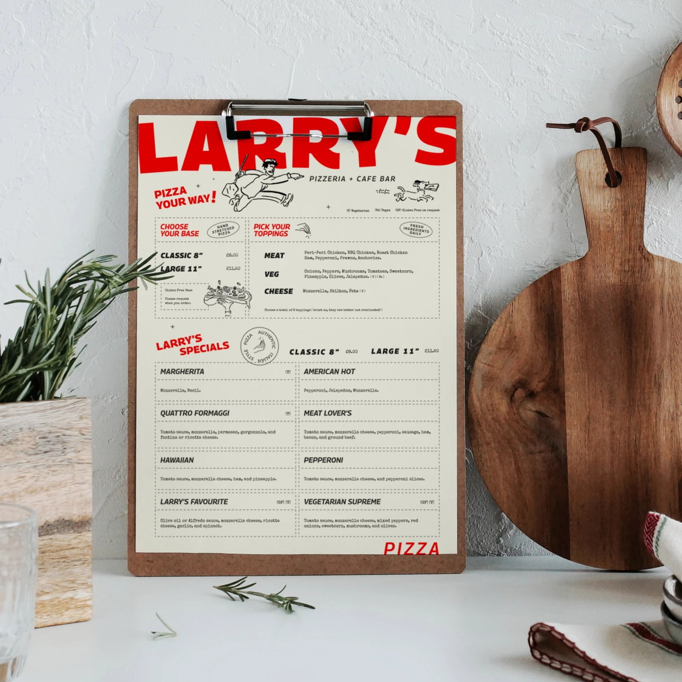 Larry's Pizzeria clipboard menu print design.