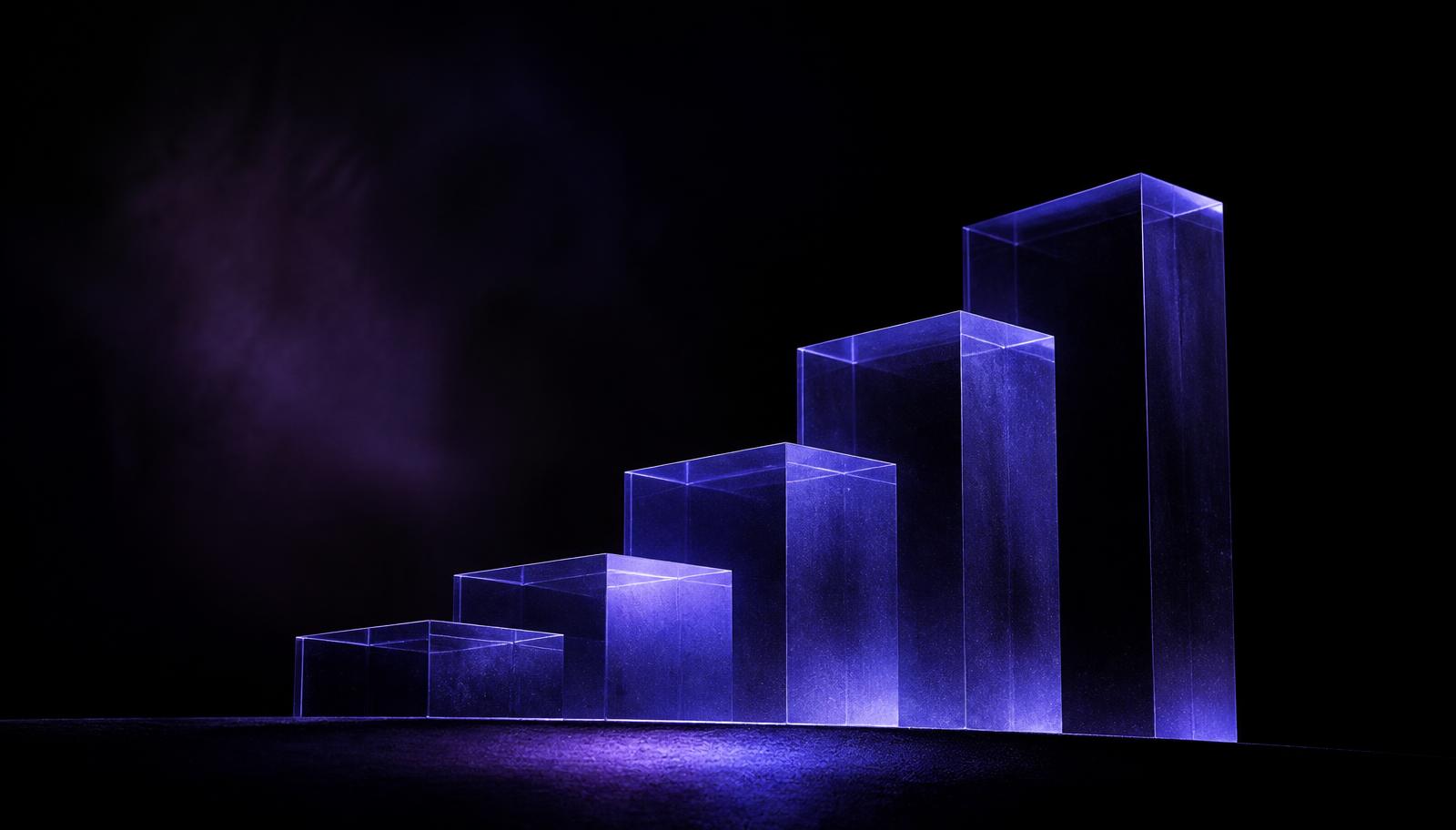 Abstract dark visual of ascending translucent glass price tiers.