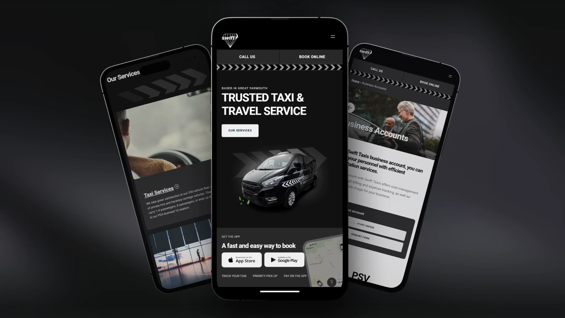 Swift Taxis responsive mobile site across three iPhone frames.