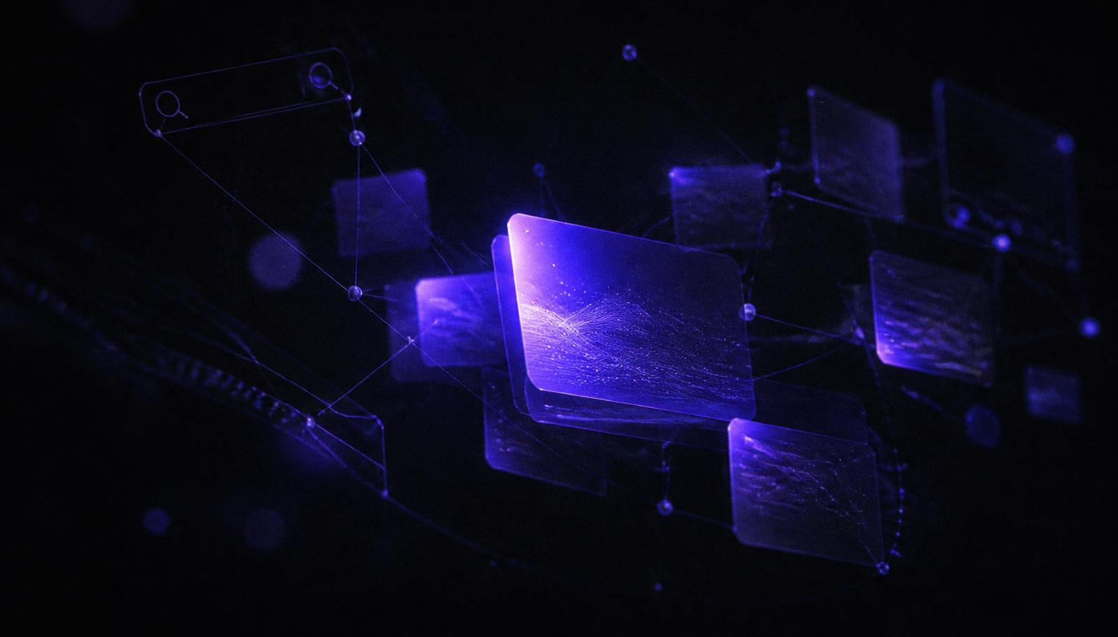 Abstract dark visual of glowing answer cards linked by citation lines.