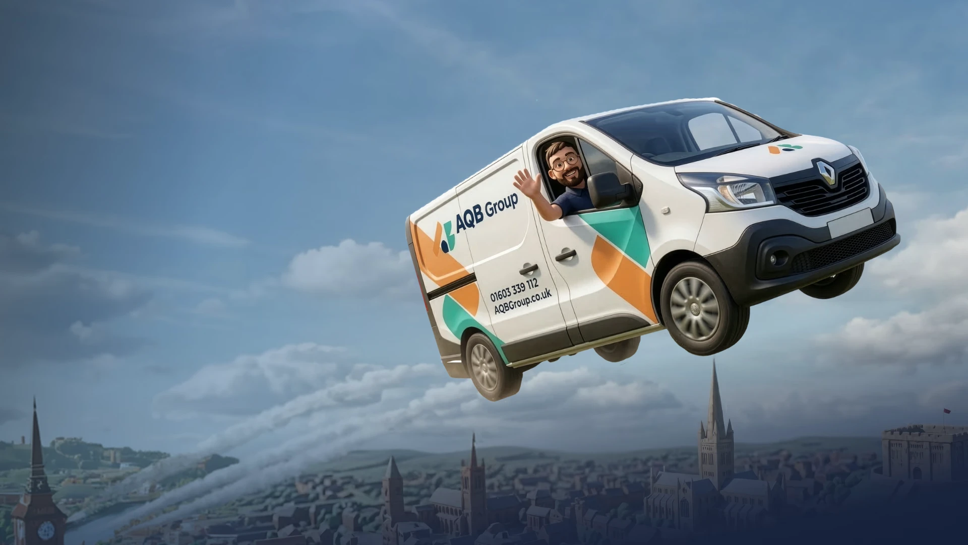 AQB Group 3D brand campaign of a cartoon van above a city, a website development client.