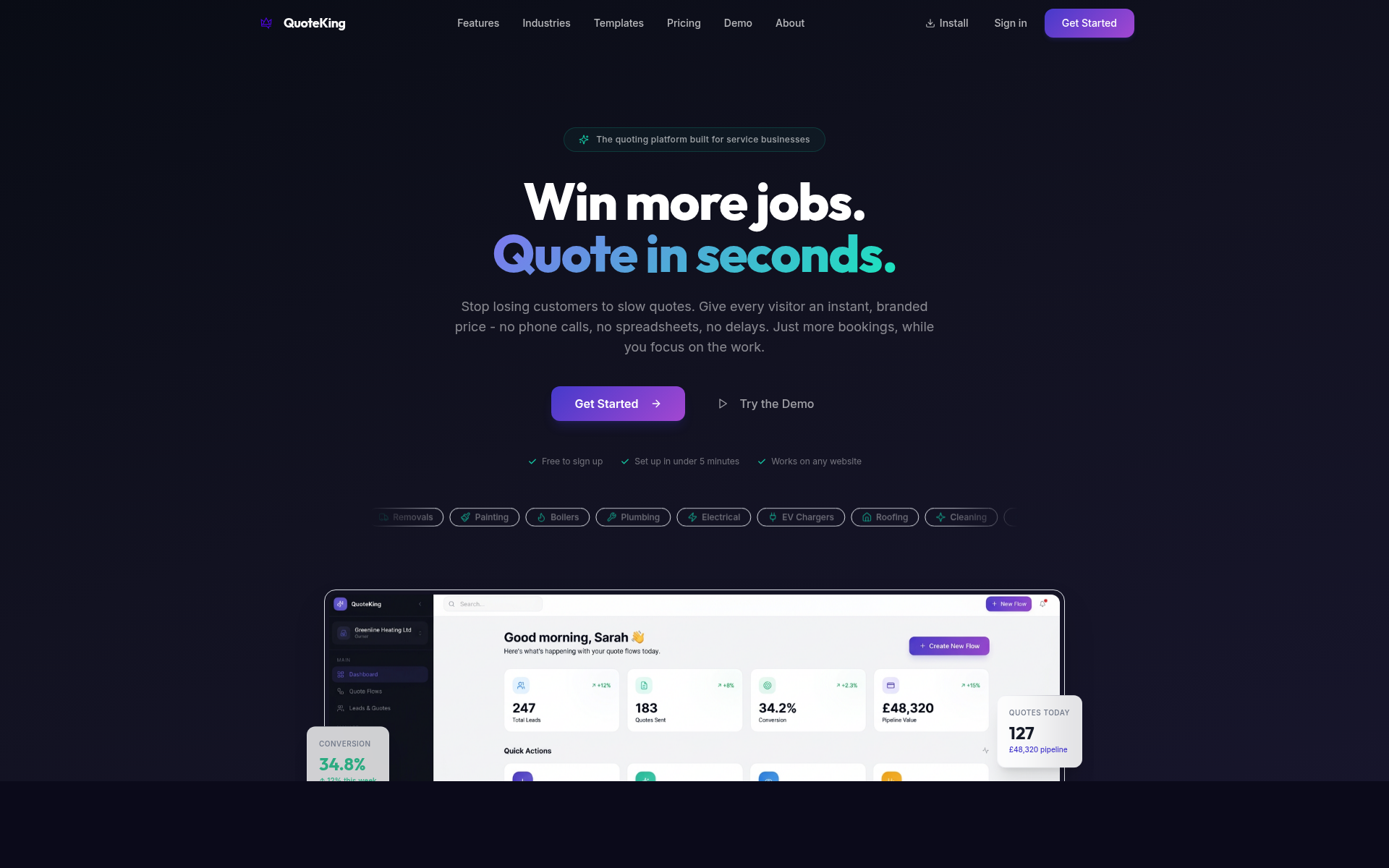 QuoteKing quoting platform dashboard for service businesses, a custom software and portals client.