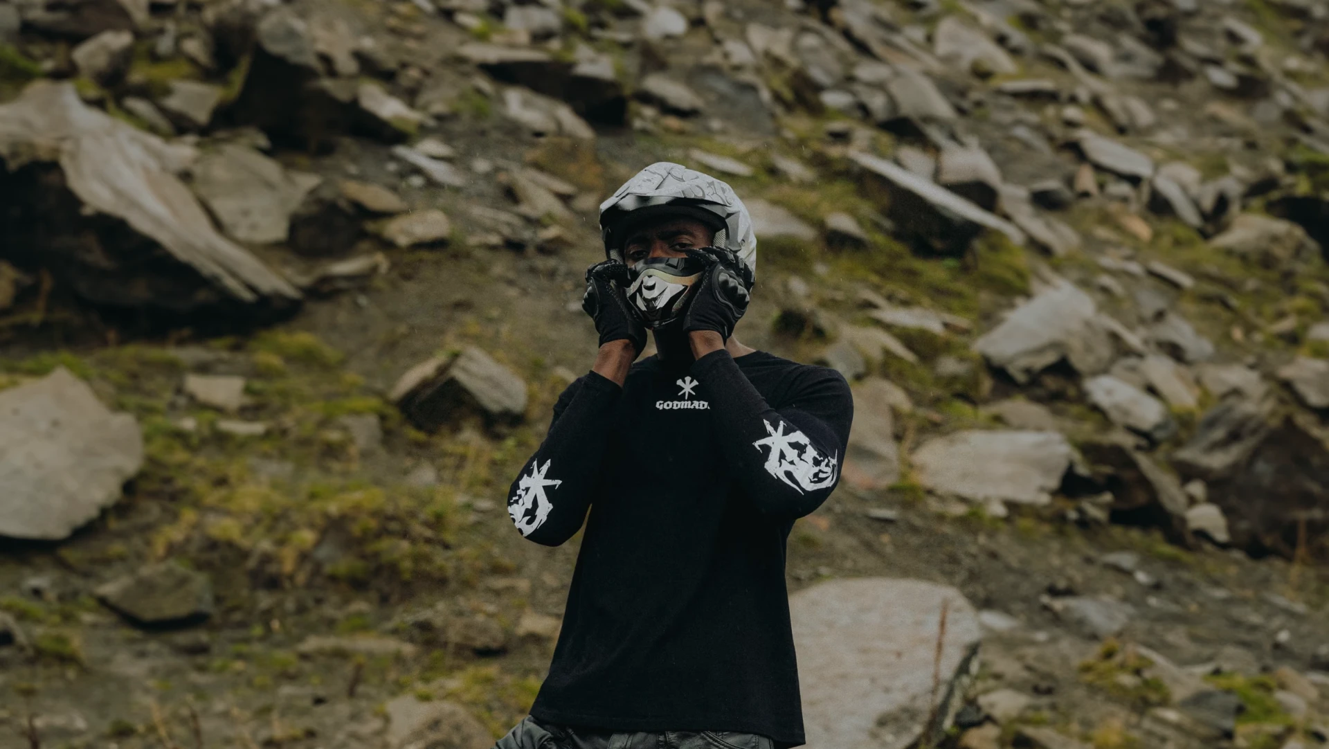 Godmade downhill rider apparel shoot in a slate quarry, a creative production client.