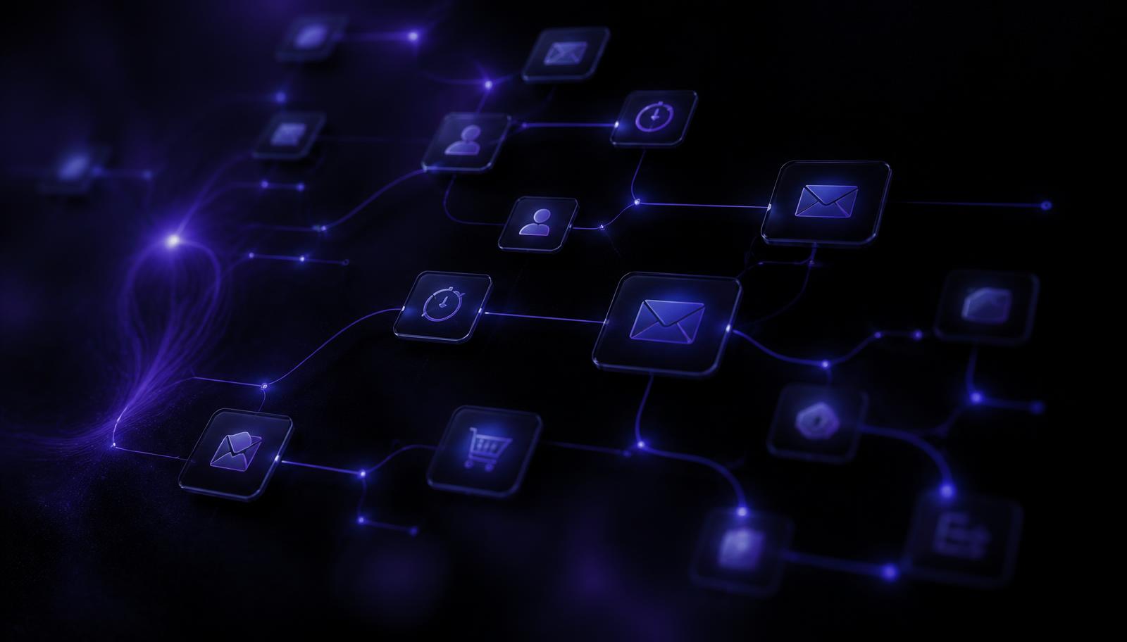 Abstract dark visual of a branching automation flow of glowing nodes.