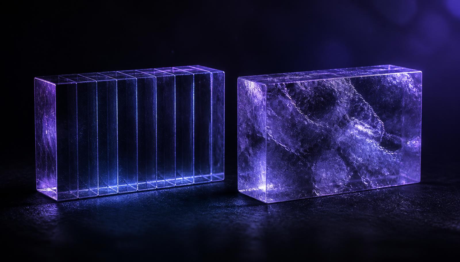 Abstract dark visual of two glass blocks, one segmented and one cloudy.