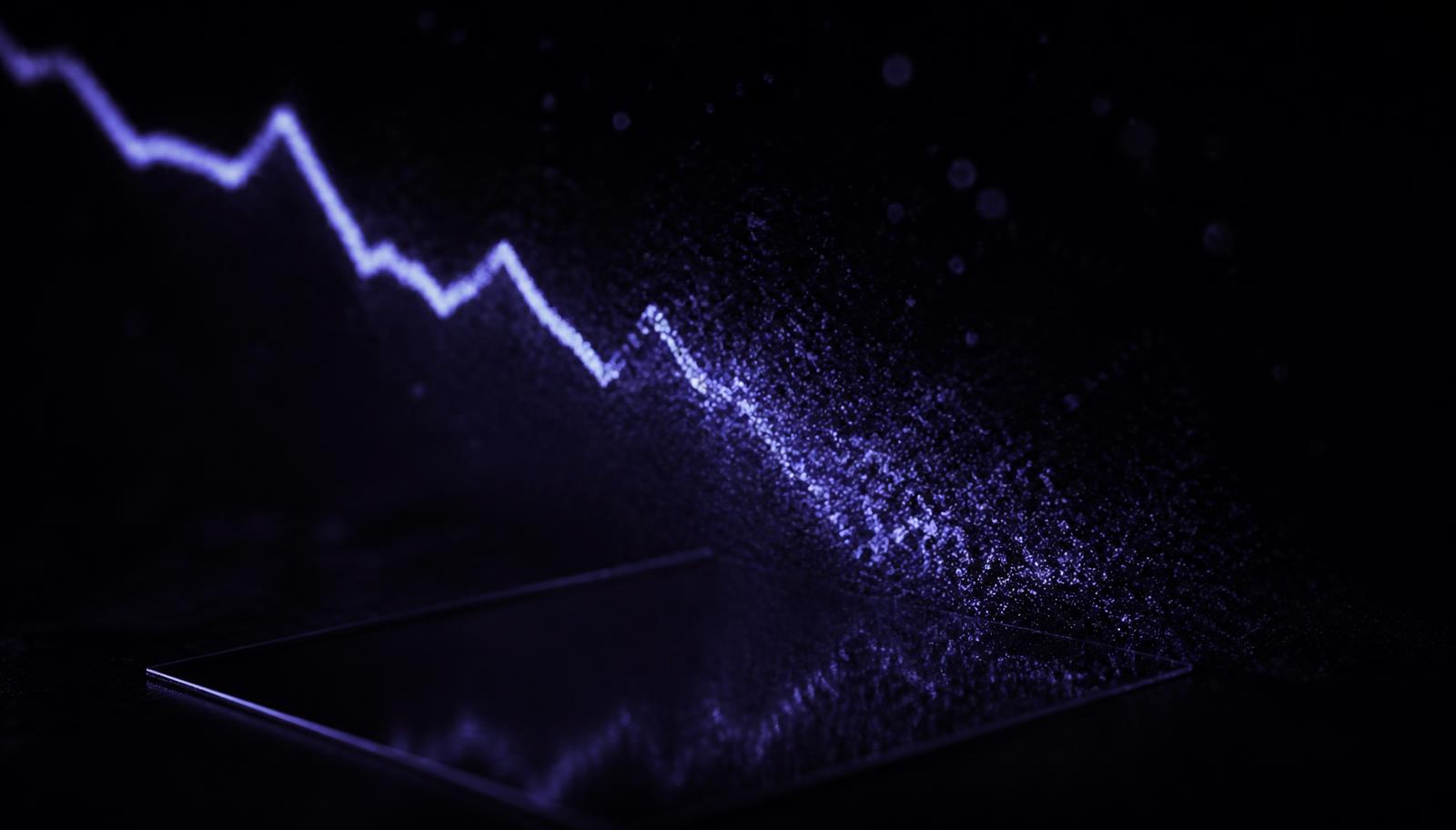Abstract dark visual of a descending line graph dissolving into particles.