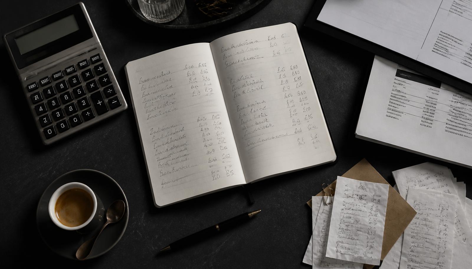 Overhead desk flat lay with a calculator and a notebook of hand-written budget figures