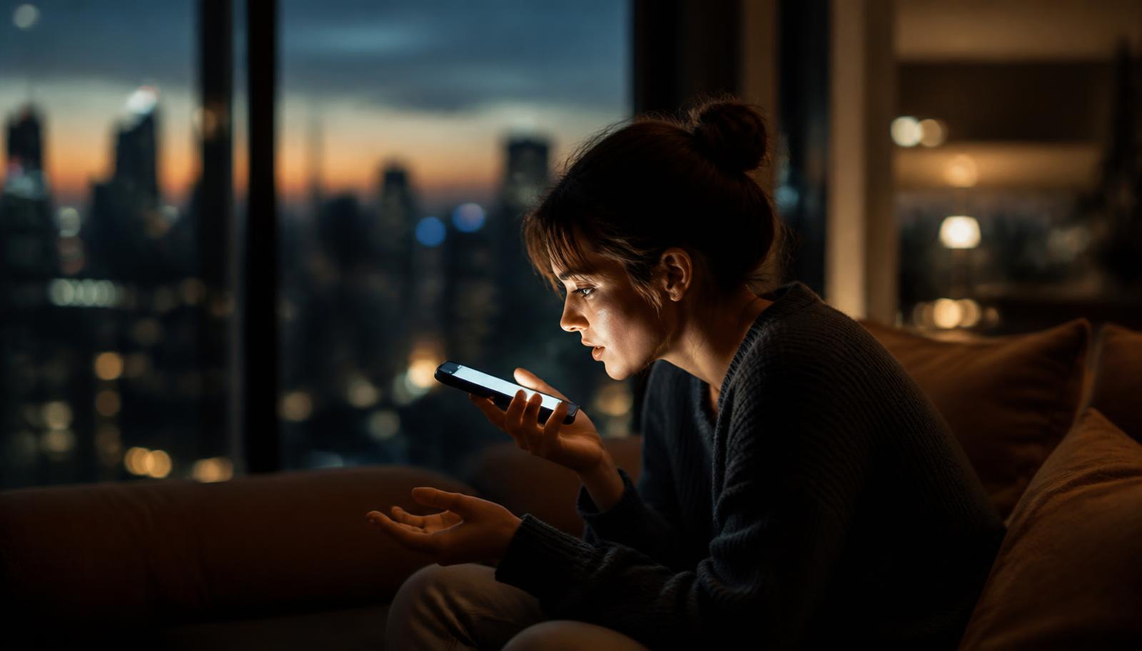 Woman asking her phone's AI assistant a question on a sofa at dusk