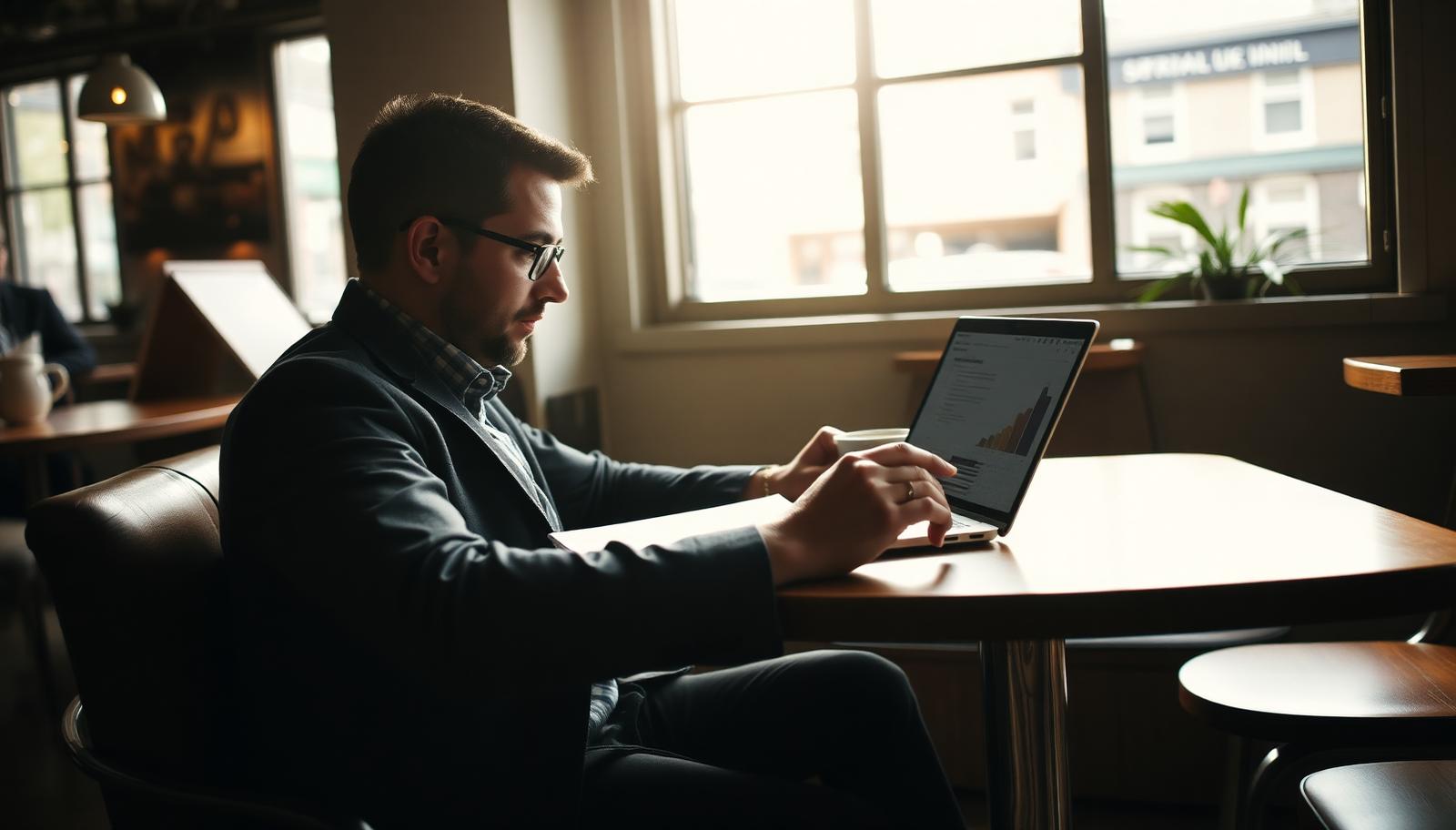 Business owner reviewing marketing proposals on a laptop at a cafe table