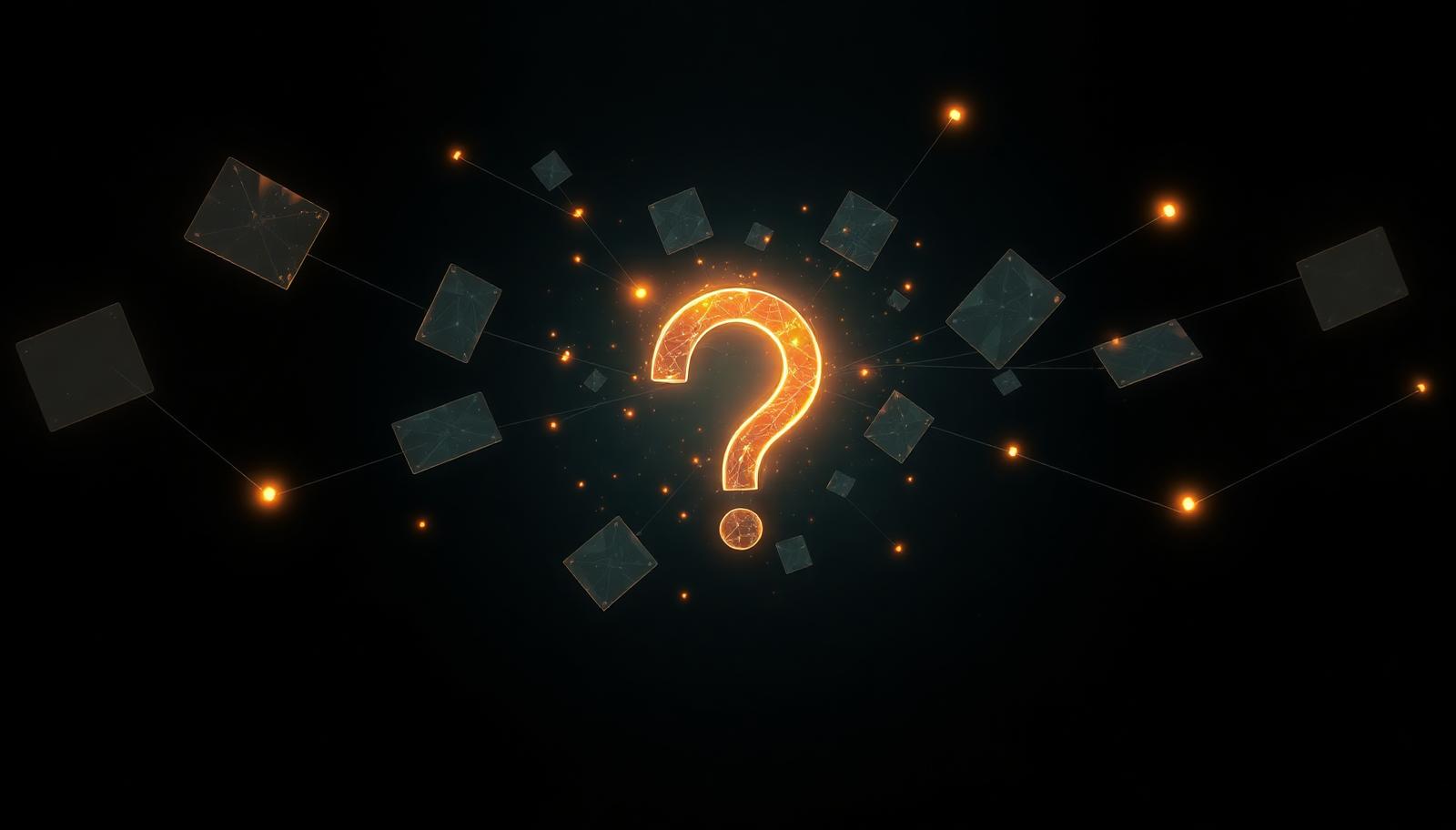 Abstract dark visual of a glowing question mark surrounded by connected citation cards.