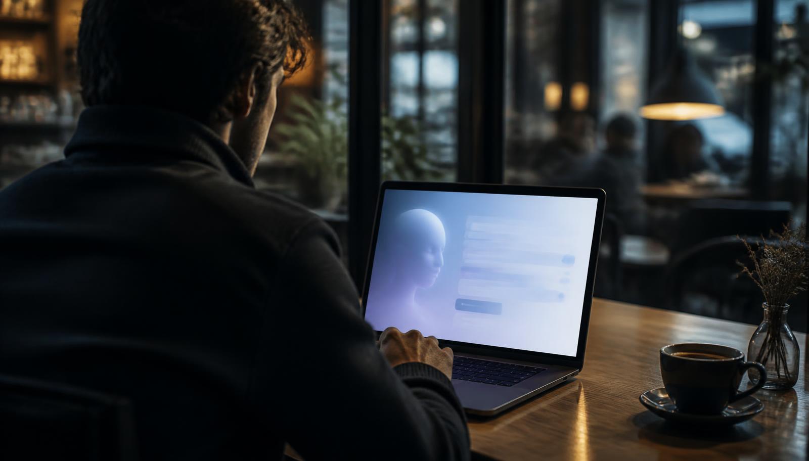 Person asking an AI chat assistant a question on a laptop in a cafe