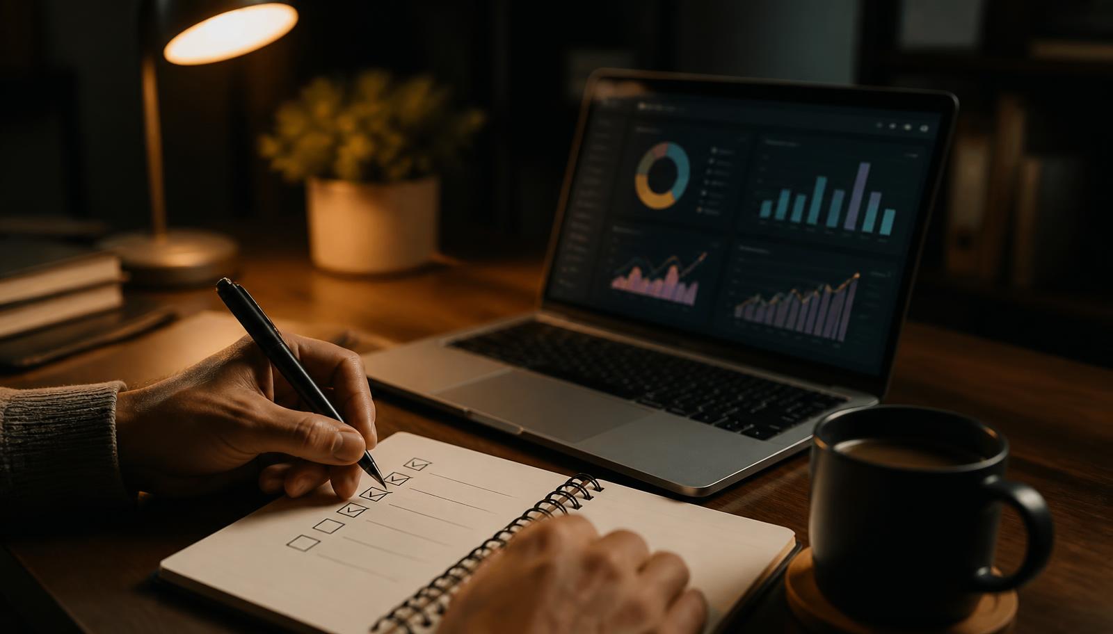 Hands ticking off a checklist beside a laptop showing an analytics dashboard