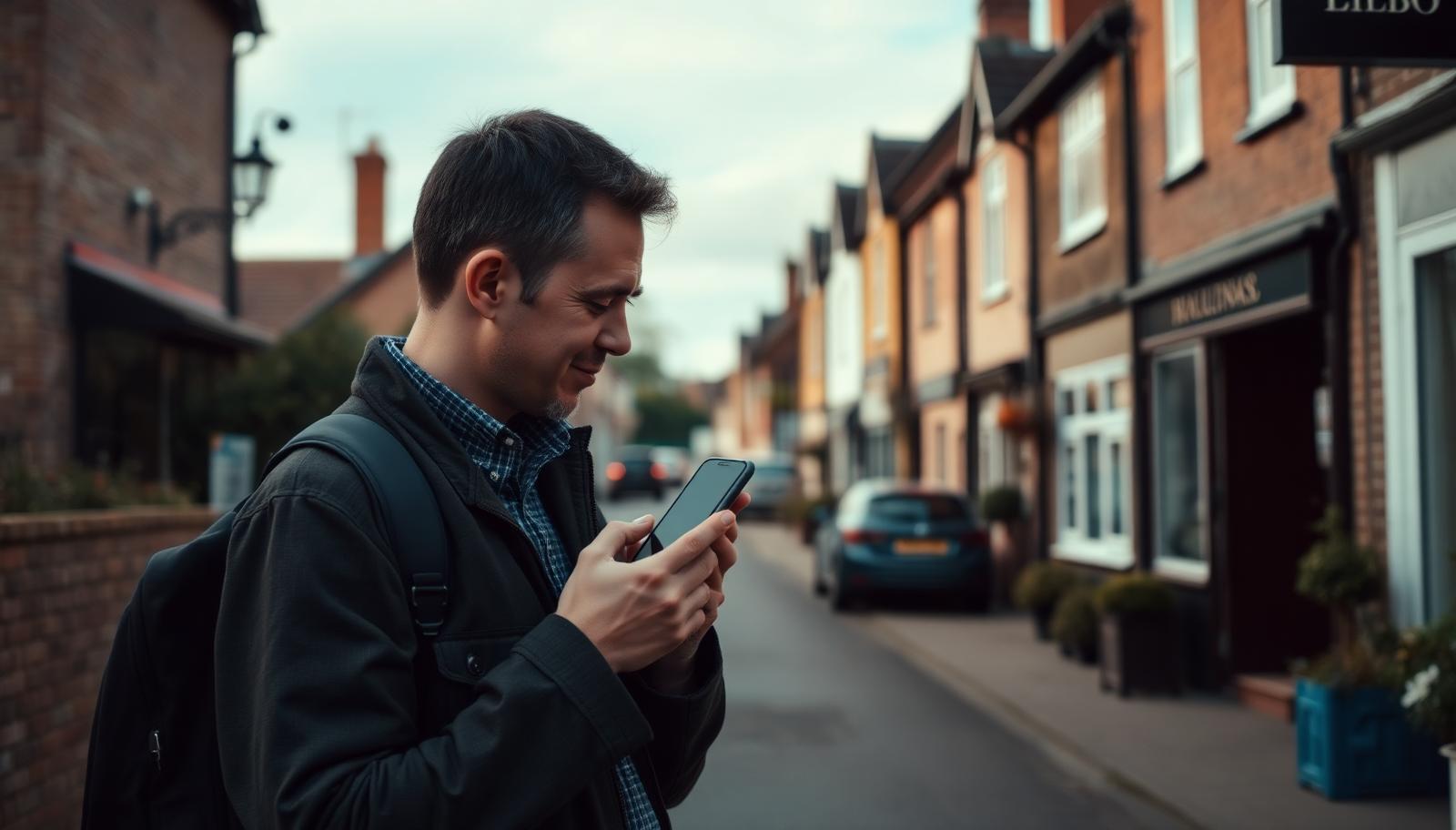 Person asking an AI assistant a question on a phone on a Norfolk village high street