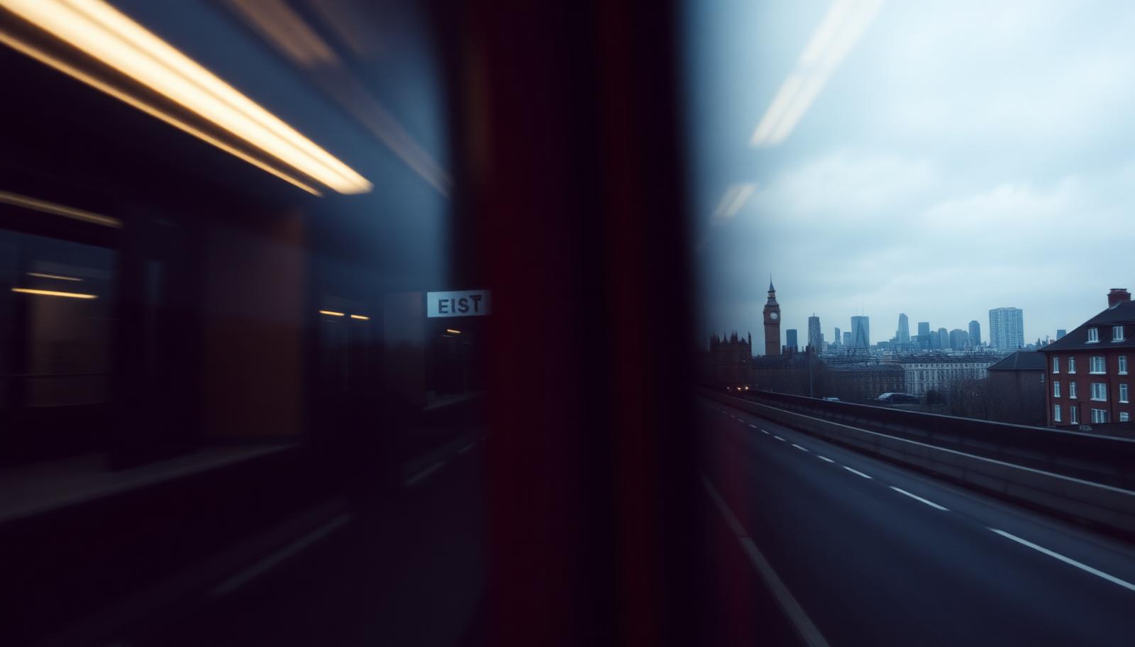 London skyline seen through a moving train window at dusk